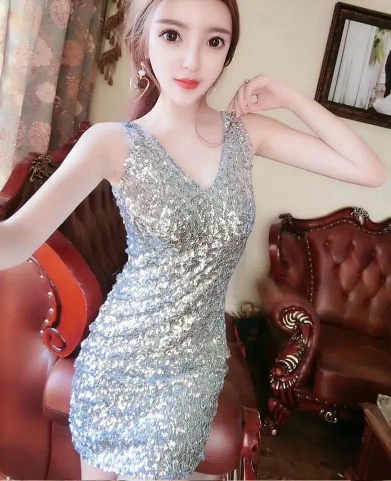 Summer Dinner Sequined Sleeveless Sexy Dress Women V - neck Backless Pleated Wrap Buttocks Dresses Sexy Fashion Party Skirts - PratSN