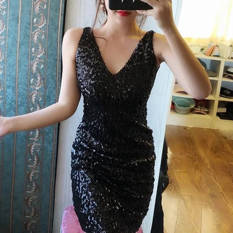 Summer Dinner Sequined Sleeveless Sexy Dress Women V - neck Backless Pleated Wrap Buttocks Dresses Sexy Fashion Party Skirts - PratSN