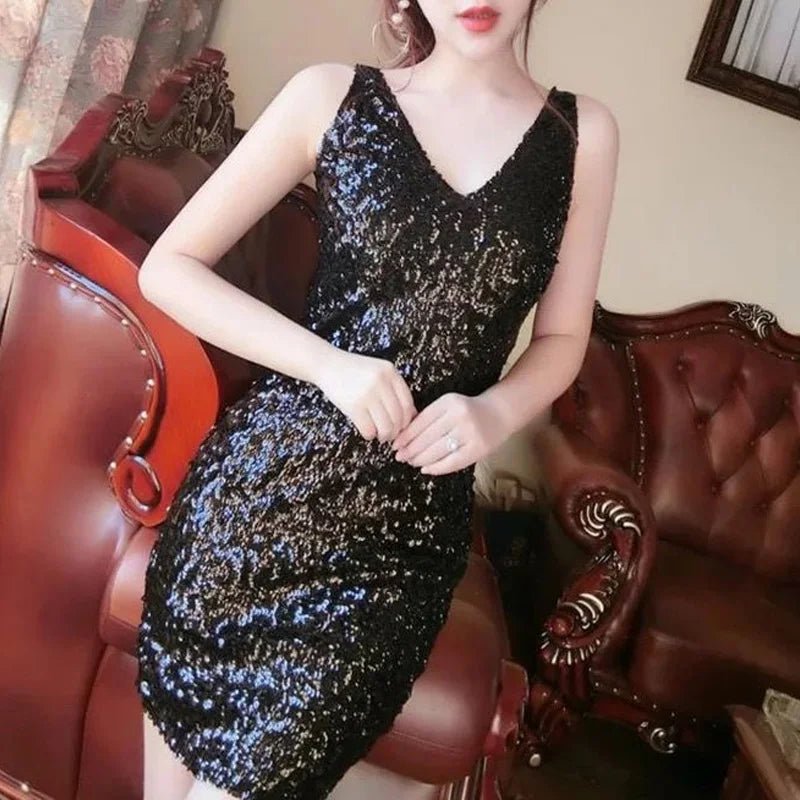 Summer Dinner Sequined Sleeveless Sexy Dress Women V - neck Backless Pleated Wrap Buttocks Dresses Sexy Fashion Party Skirts - PratSN