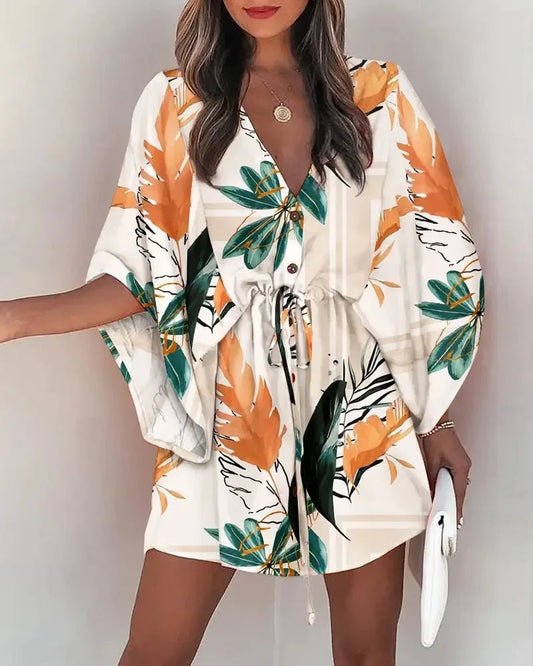 Summer Dress For Women 2024 New Floral Print Bat Half - Sleeve V - Neck Ruffle Irregular Hem Female Dress Casual Boho Women Clothes - PratSN