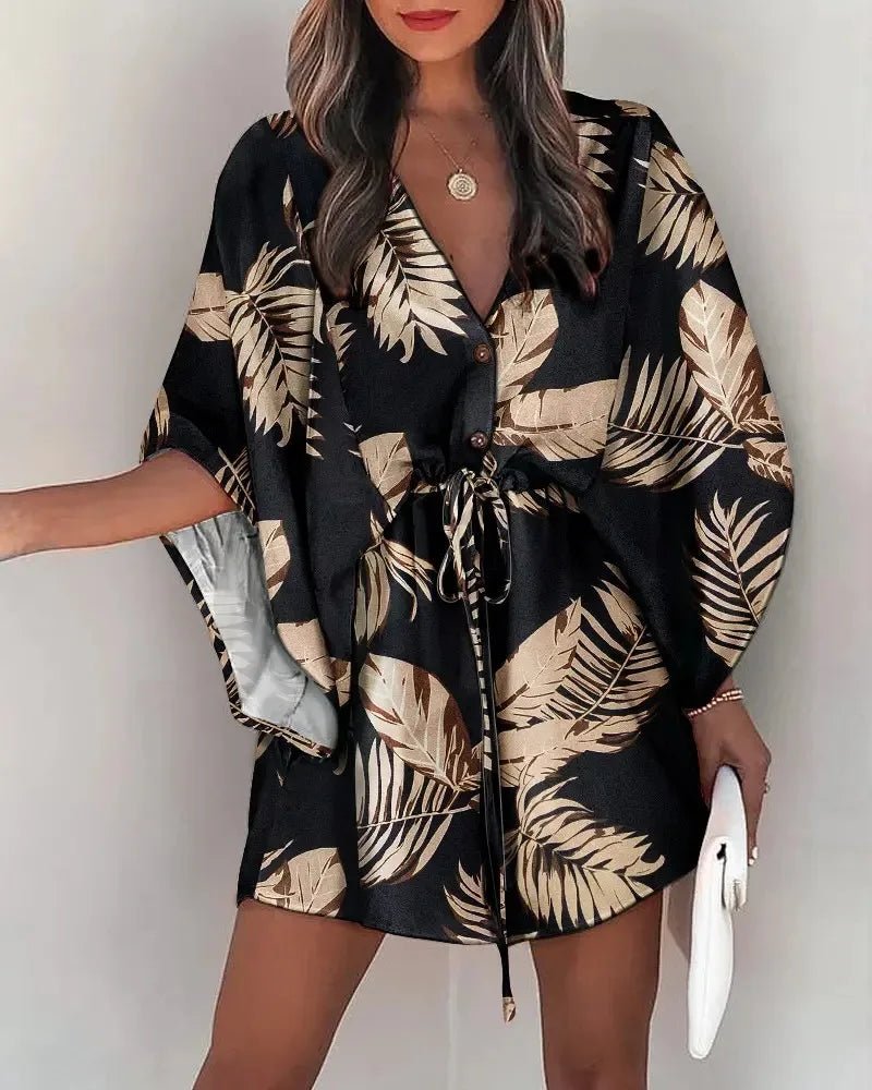Summer Dress For Women 2024 New Floral Print Bat Half - Sleeve V - Neck Ruffle Irregular Hem Female Dress Casual Boho Women Clothes - PratSN