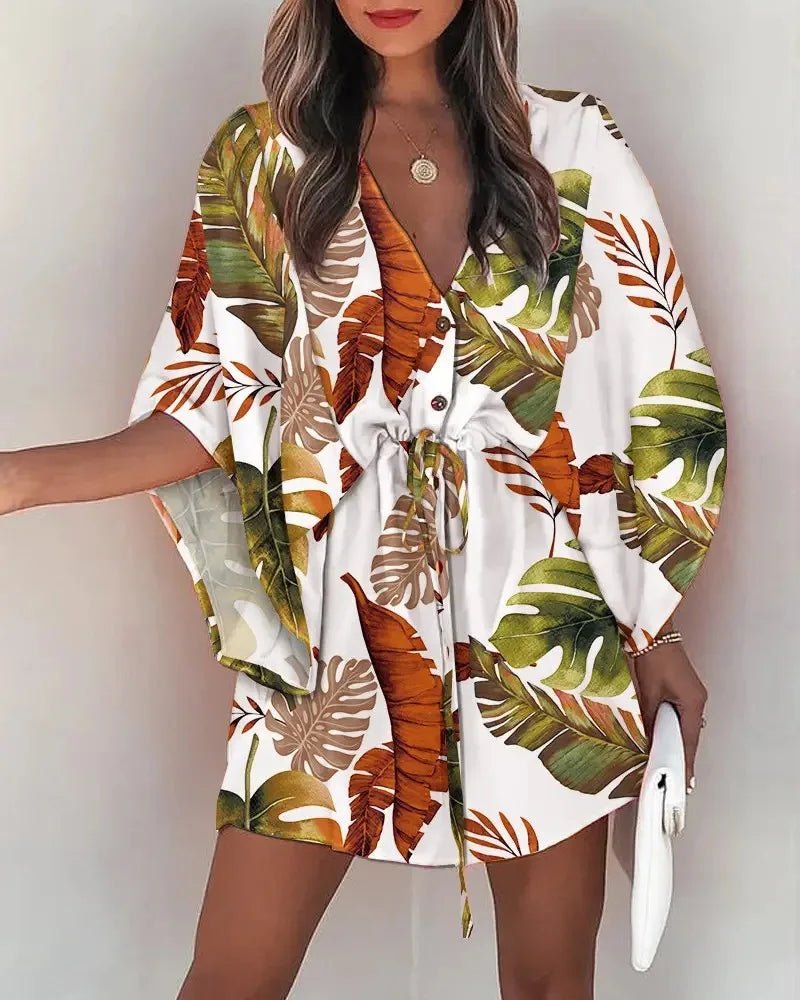 Summer Dress For Women 2024 New Floral Print Bat Half - Sleeve V - Neck Ruffle Irregular Hem Female Dress Casual Boho Women Clothes - PratSN