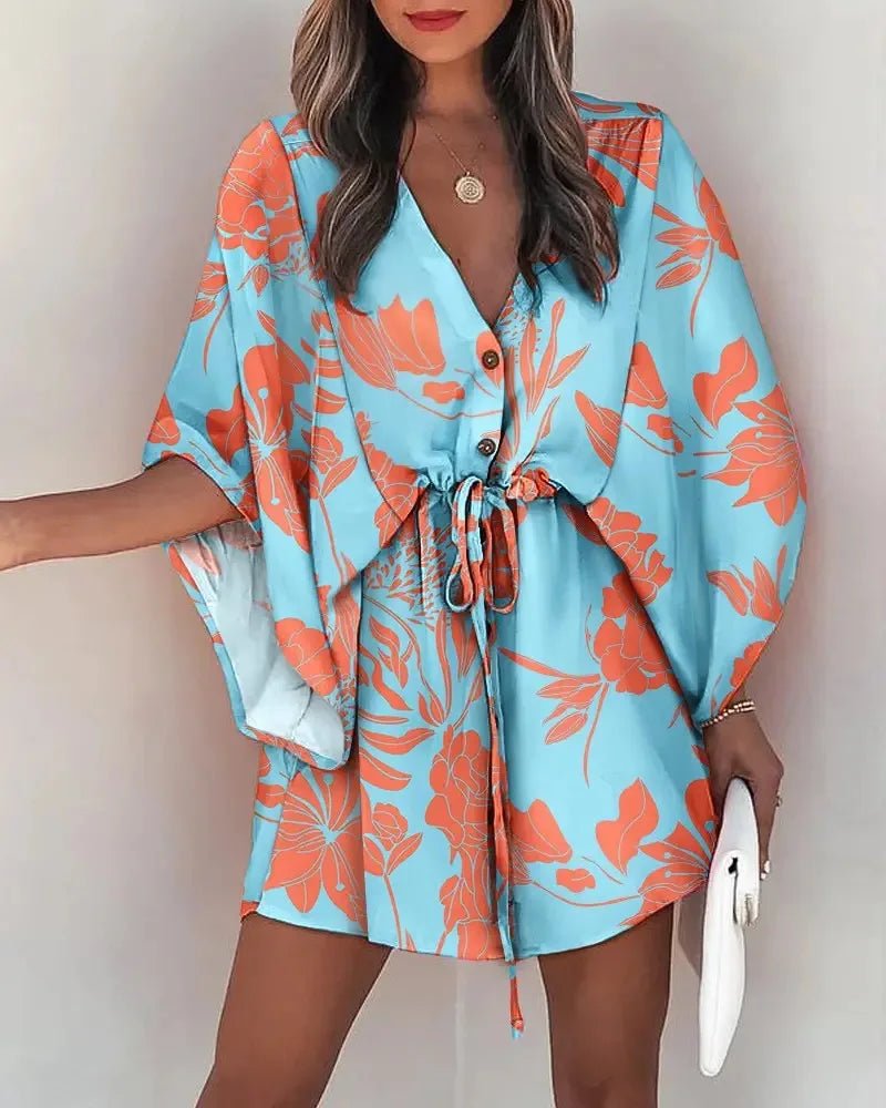 Summer Dress For Women 2024 New Floral Print Bat Half - Sleeve V - Neck Ruffle Irregular Hem Female Dress Casual Boho Women Clothes - PratSN