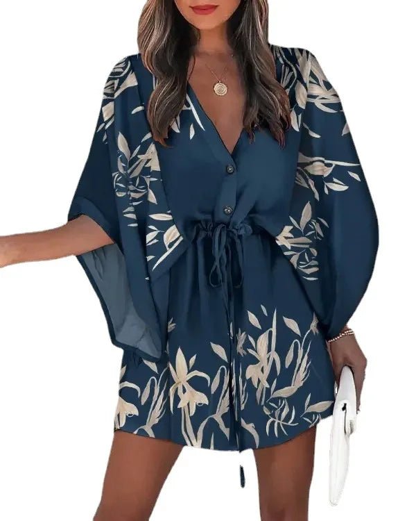 Summer Dress For Women 2024 New Floral Print Bat Half - Sleeve V - Neck Ruffle Irregular Hem Female Dress Casual Boho Women Clothes - PratSN
