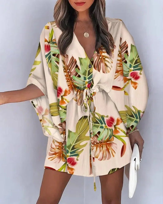 Summer Dress For Women 2024 New Floral Print Bat Half - Sleeve V - Neck Ruffle Irregular Hem Female Dress Casual Boho Women Clothes - PratSN