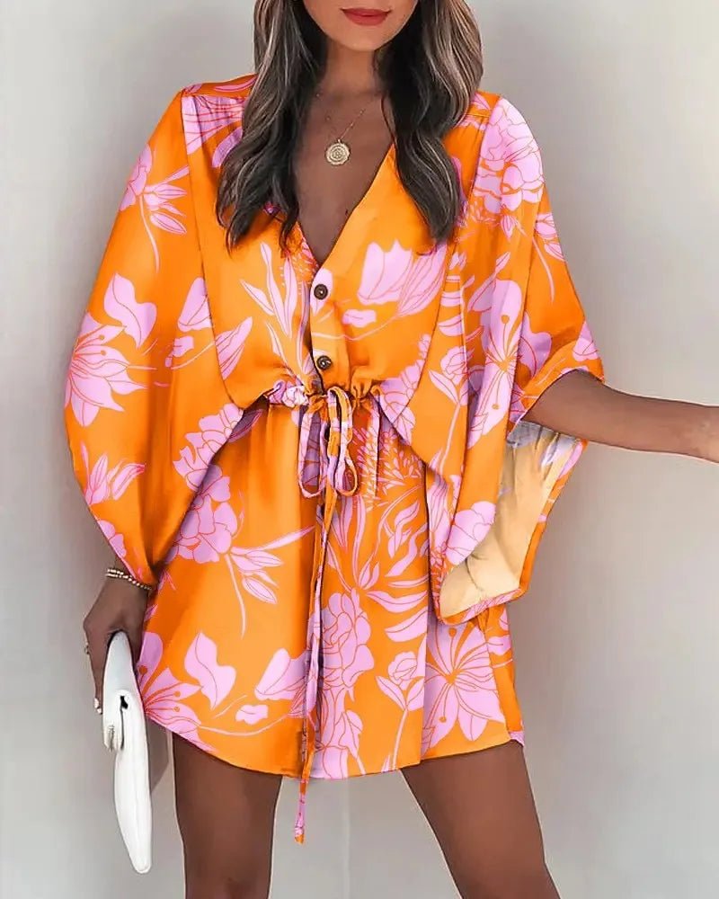 Summer Dress For Women 2024 New Floral Print Bat Half - Sleeve V - Neck Ruffle Irregular Hem Female Dress Casual Boho Women Clothes - PratSN