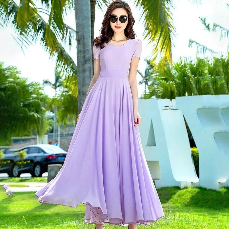 Summer Dress Women 2025 New Bohemian Beach Long Chiffon Dress Elegant Ladies Short Sleeve Sundress Women's Clothing - PratSN