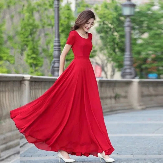 Summer Dress Women 2025 New Bohemian Beach Long Chiffon Dress Elegant Ladies Short Sleeve Sundress Women's Clothing - PratSN