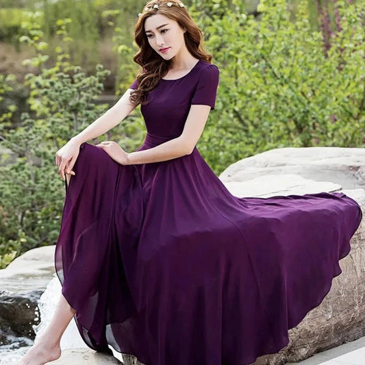 Summer Dress Women 2025 New Bohemian Beach Long Chiffon Dress Elegant Ladies Short Sleeve Sundress Women's Clothing - PratSN
