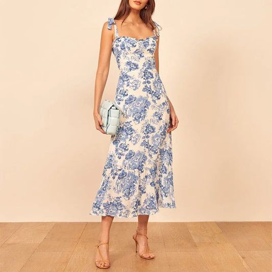 Summer Dresses Women 2020 Vintage Blue White Floral Print Dress Woman Sexy Spaghetti Strap Tie Chiffon Elegant Ruffle Midi Dress - PratSN