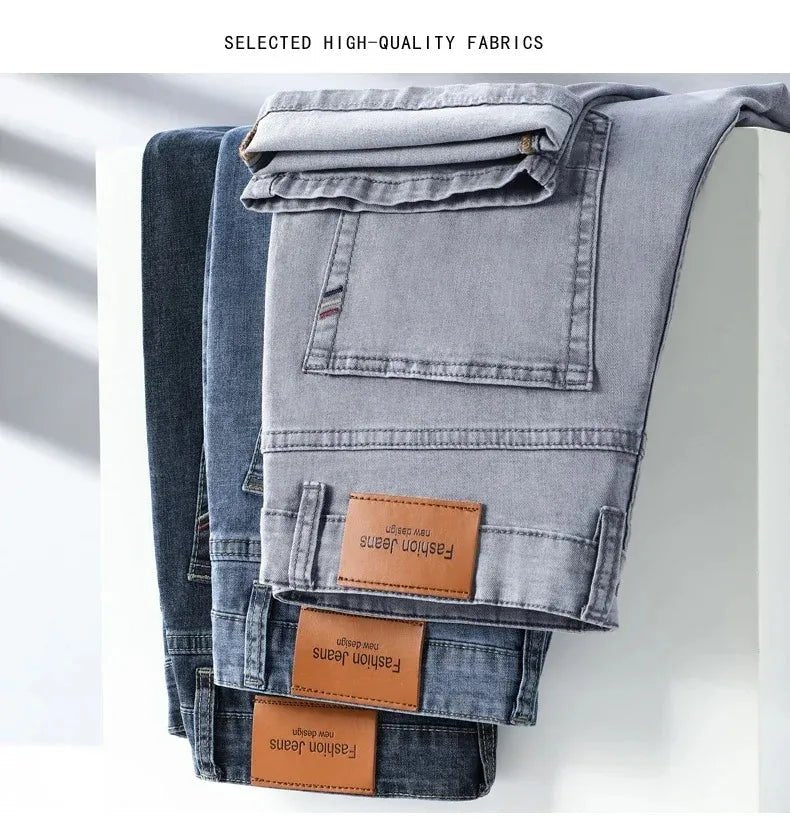 Summer Elastic Men's Jeans Fashion Gray Comfortable Business Straight Stretch Cotton Casual Denim Pants Brand Male Thin Trousers - PratSN