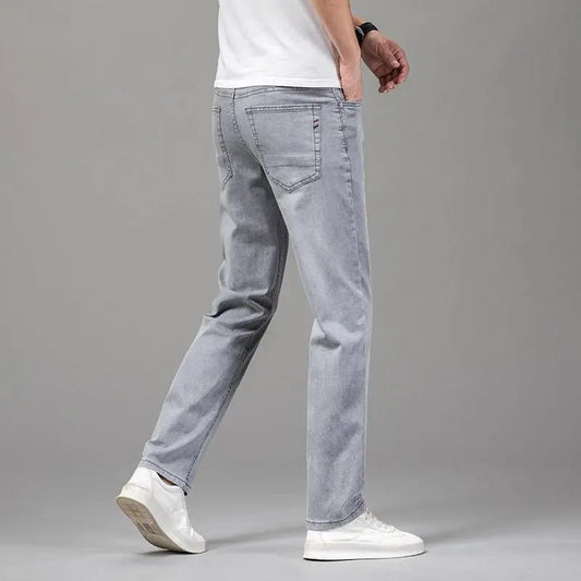 Summer Elastic Men's Jeans Fashion Gray Comfortable Business Straight Stretch Cotton Casual Denim Pants Brand Male Thin Trousers - PratSN