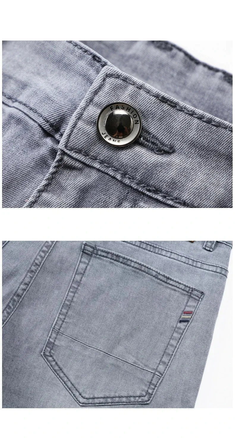 Summer Elastic Men's Jeans Fashion Gray Comfortable Business Straight Stretch Cotton Casual Denim Pants Brand Male Thin Trousers - PratSN