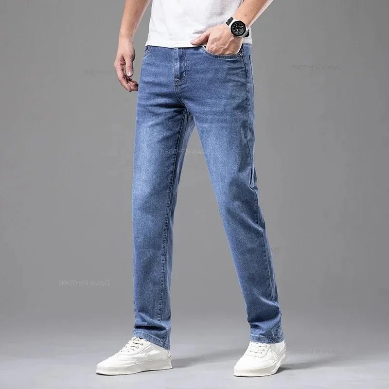 Summer Elastic Men's Jeans Fashion Gray Comfortable Business Straight Stretch Cotton Casual Denim Pants Brand Male Thin Trousers - PratSN
