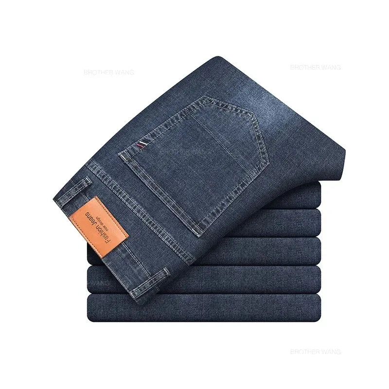 Summer Elastic Men's Jeans Fashion Gray Comfortable Business Straight Stretch Cotton Casual Denim Pants Brand Male Thin Trousers - PratSN