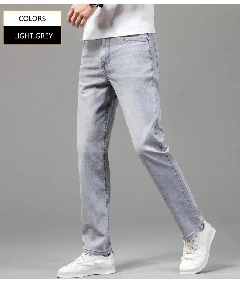 Summer Elastic Men's Jeans Fashion Gray Comfortable Business Straight Stretch Cotton Casual Denim Pants Brand Male Thin Trousers - PratSN