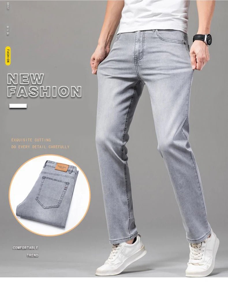Summer Elastic Men's Jeans Fashion Gray Comfortable Business Straight Stretch Cotton Casual Denim Pants Brand Male Thin Trousers - PratSN