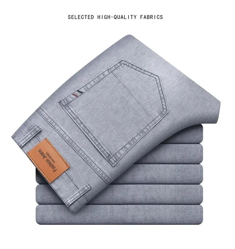 Summer Elastic Men's Jeans Fashion Gray Comfortable Business Straight Stretch Cotton Casual Denim Pants Brand Male Thin Trousers - PratSN