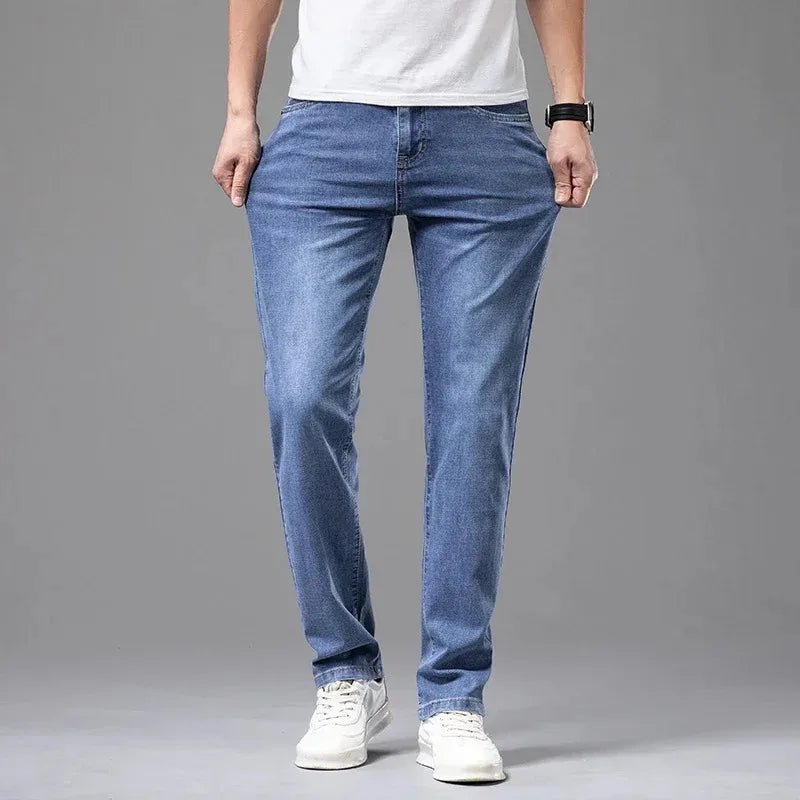 Summer Elastic Men's Jeans Fashion Gray Comfortable Business Straight Stretch Cotton Casual Denim Pants Brand Male Thin Trousers - PratSN