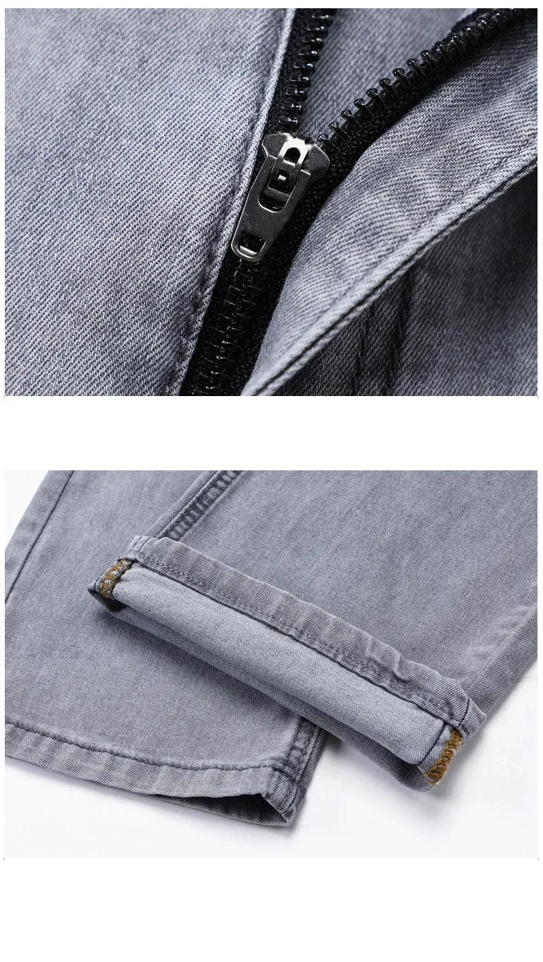 Summer Elastic Men's Jeans Fashion Gray Comfortable Business Straight Stretch Cotton Casual Denim Pants Brand Male Thin Trousers - PratSN