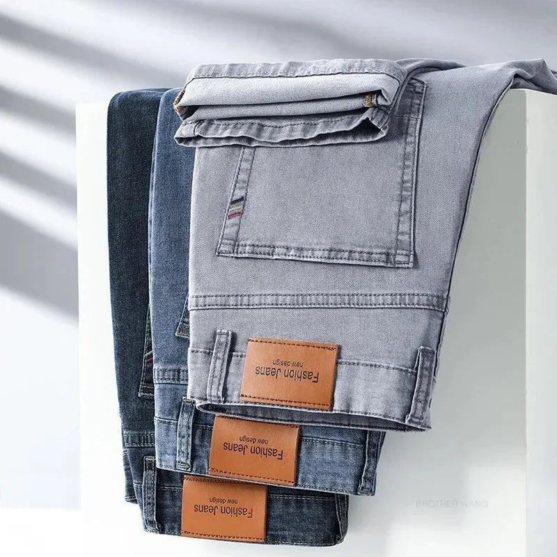 Summer Elastic Men's Jeans Fashion Gray Comfortable Business Straight Stretch Cotton Casual Denim Pants Brand Male Thin Trousers - PratSN
