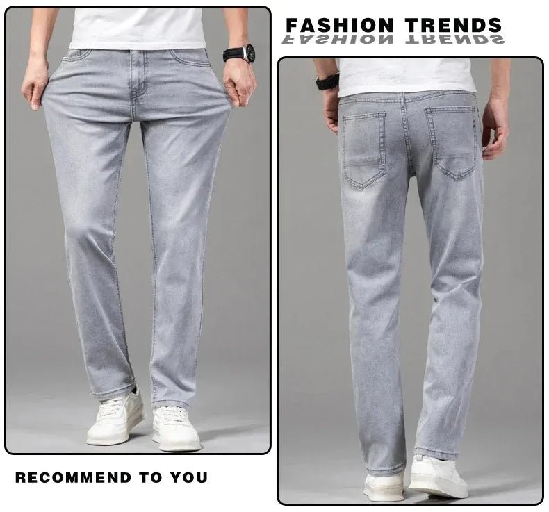 Summer Elastic Men's Jeans Fashion Gray Comfortable Business Straight Stretch Cotton Casual Denim Pants Brand Male Thin Trousers - PratSN