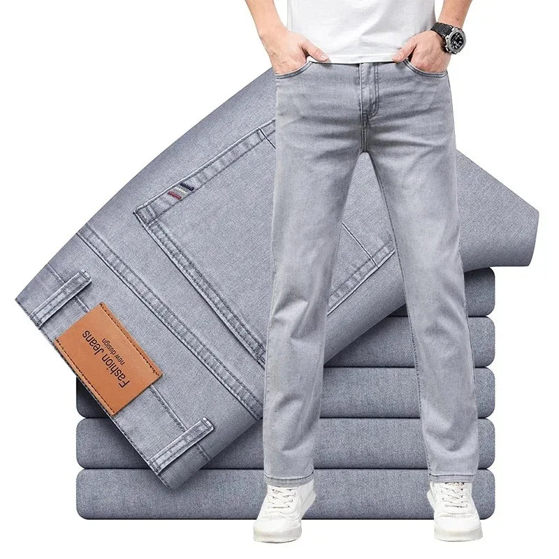 Summer Elastic Men's Jeans Fashion Gray Comfortable Business Straight Stretch Cotton Casual Denim Pants Brand Male Thin Trousers - PratSN