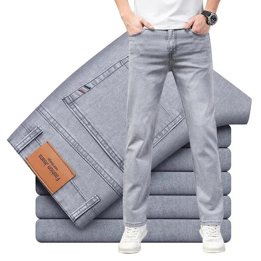 Summer Elastic Men's Jeans Fashion Gray Comfortable Business Straight Stretch Cotton Casual Denim Pants Brand Male Thin Trousers - PratSN