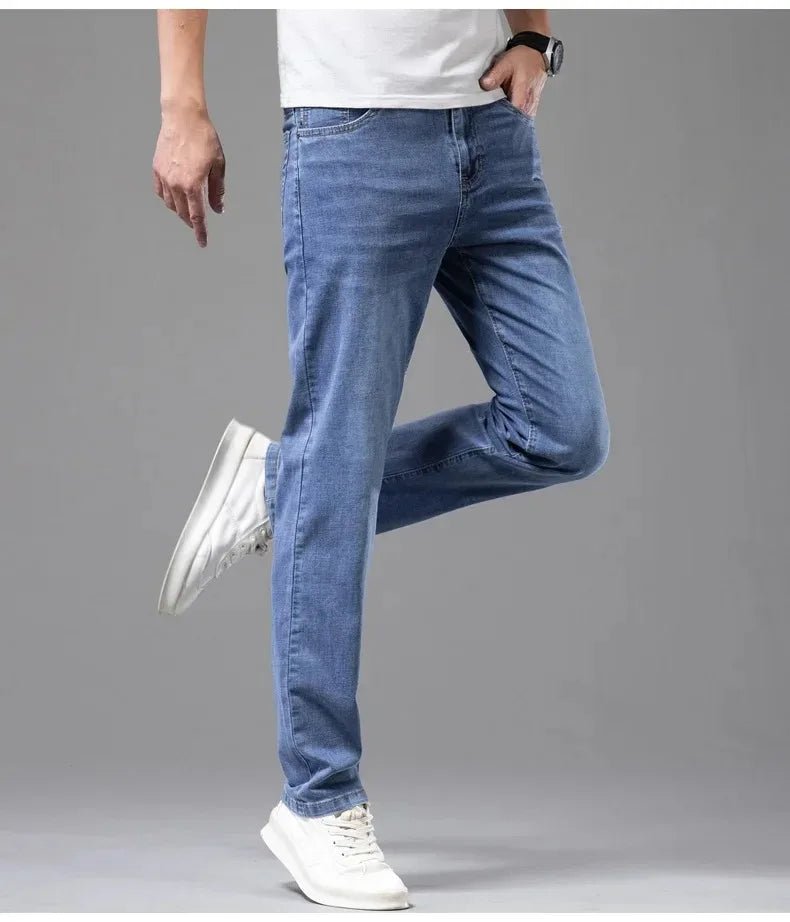 Summer Elastic Men's Jeans Fashion Gray Comfortable Business Straight Stretch Cotton Casual Denim Pants Brand Male Thin Trousers - PratSN