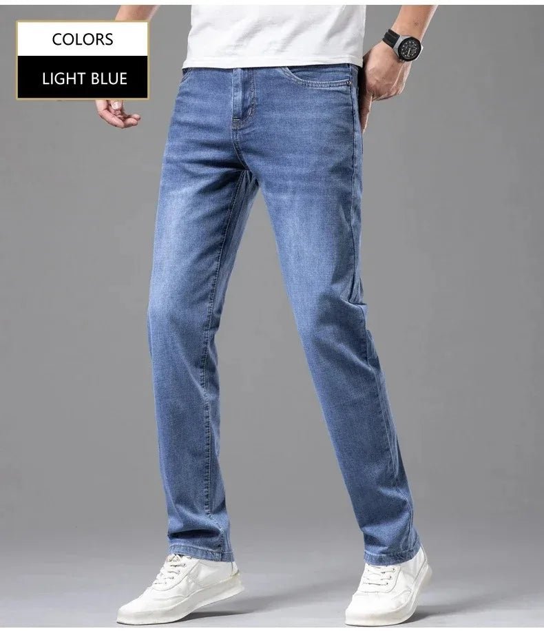 Summer Elastic Men's Jeans Fashion Gray Comfortable Business Straight Stretch Cotton Casual Denim Pants Brand Male Thin Trousers - PratSN