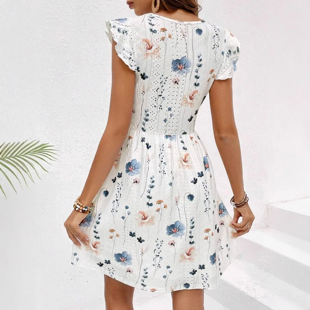 Summer Elegant Lace Mini Dress Women Sleeve less A - line Floral Print V - neck Short Dresses Casual - PratSN