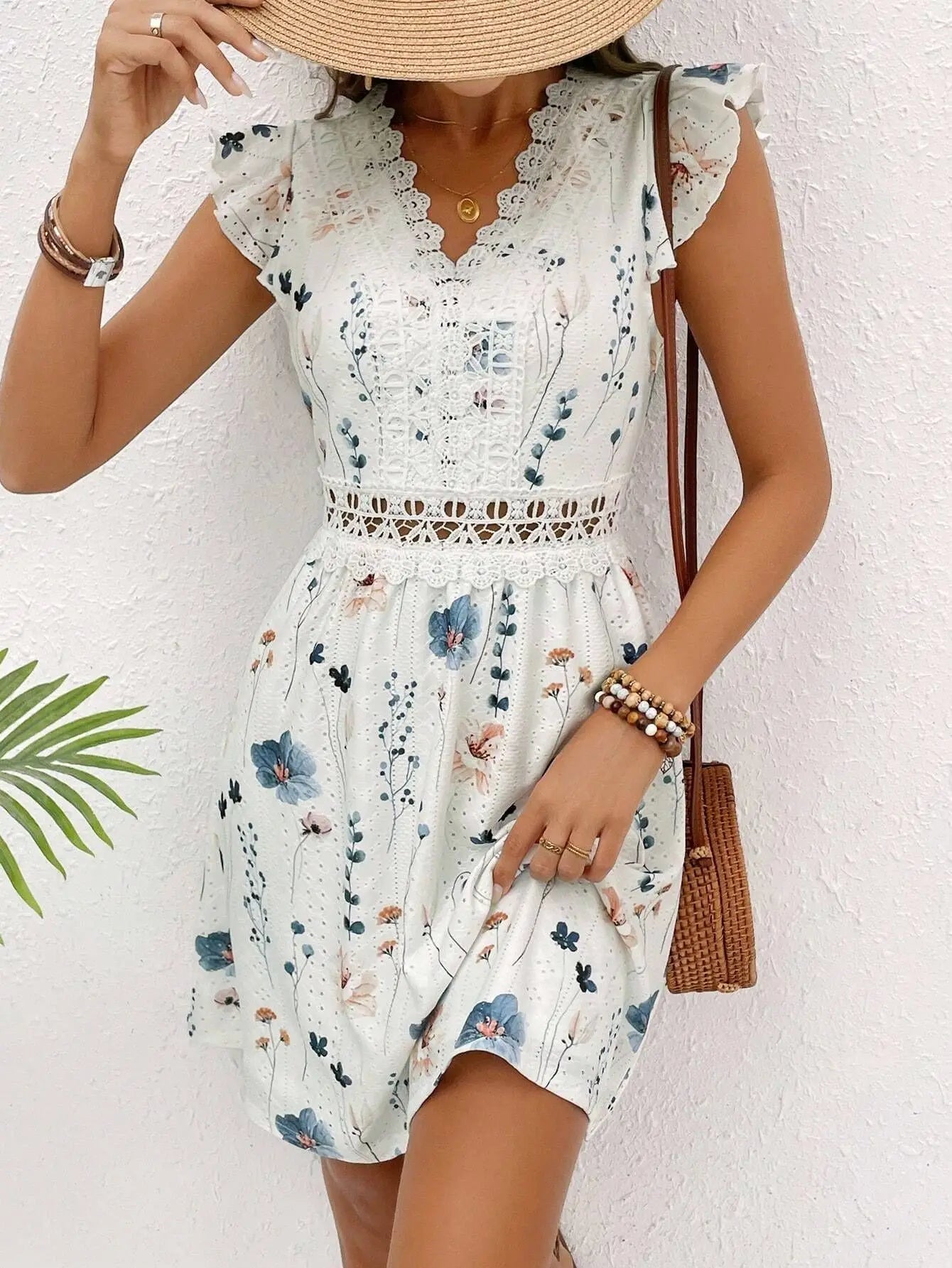 Summer Elegant Lace Mini Dress Women Sleeve less A - line Floral Print V - neck Short Dresses Casual - PratSN