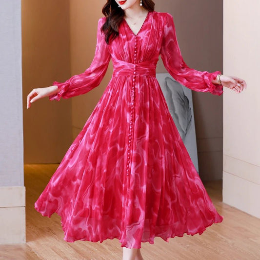 Summer Elegant Loose Red High Quality Maxi Dresses Vintage 4XL Mulberry Silk Dress Women Bodycon Party Robe Femme Vestidos - PratSN