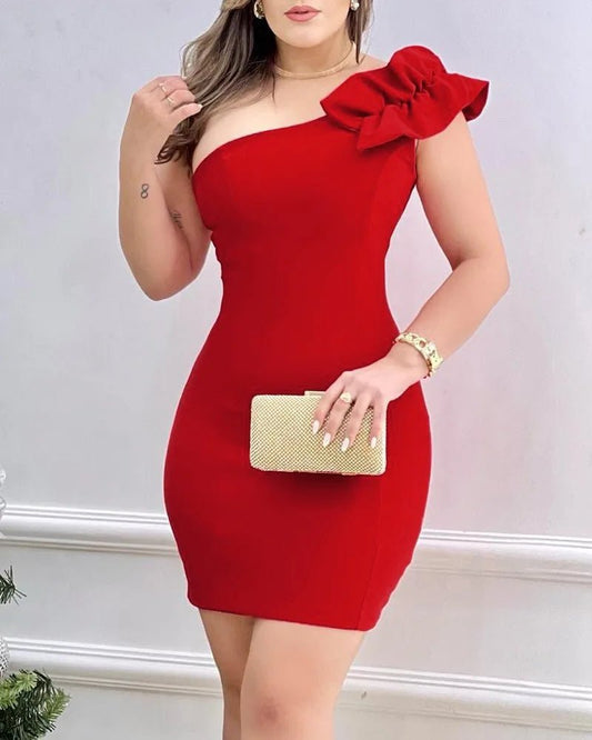 Summer Fashion Red Appliques Women Mini Party Dress Bodycon Elegant Ruffle One Shoulder Birthday Evening Club Outfits - PratSN