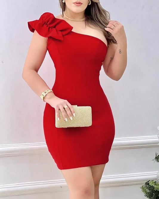 Summer Fashion Red Appliques Women Mini Party Dress Bodycon Elegant Ruffle One Shoulder Birthday Evening Club Outfits - PratSN