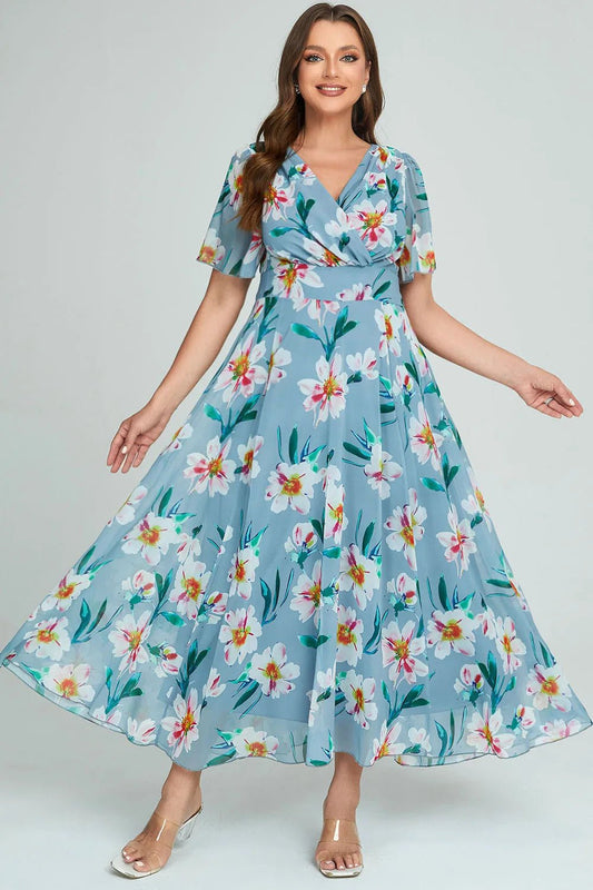 Summer Floral Printing Dress Plus Size for Women Short Sleeve Elegant V - Neck Vintage Casual Pleated A - Line Long Dresses - PratSN