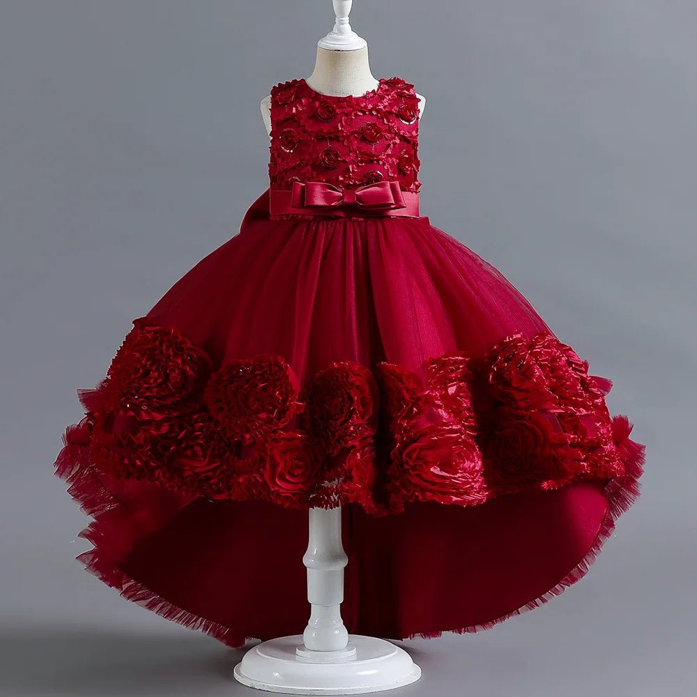 Summer Flower Party Girls Dress Christmas Costume Tulle Trailing Bridesmaid Princess Kids Dresses for Girl Wedding Birthday Gown - PratSN