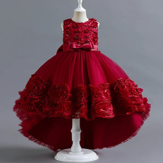 Summer Flower Party Girls Dress Christmas Costume Tulle Trailing Bridesmaid Princess Kids Dresses for Girl Wedding Birthday Gown - PratSN