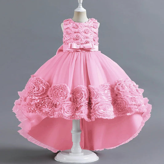 Summer Flower Party Girls Dress Christmas Costume Tulle Trailing Bridesmaid Princess Kids Dresses for Girl Wedding Birthday Gown - PratSN