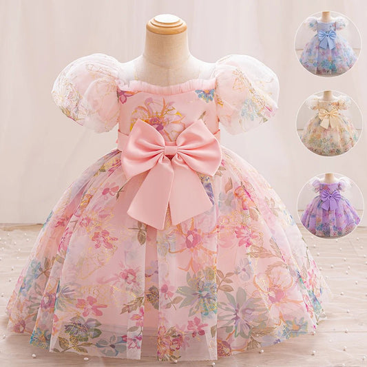 Summer Girl Embroider Puff Sleeve Princess Dress Girl Temperament Flower Tulle Skirt Birthday Party Wedding Flower Girl Dress - PratSN