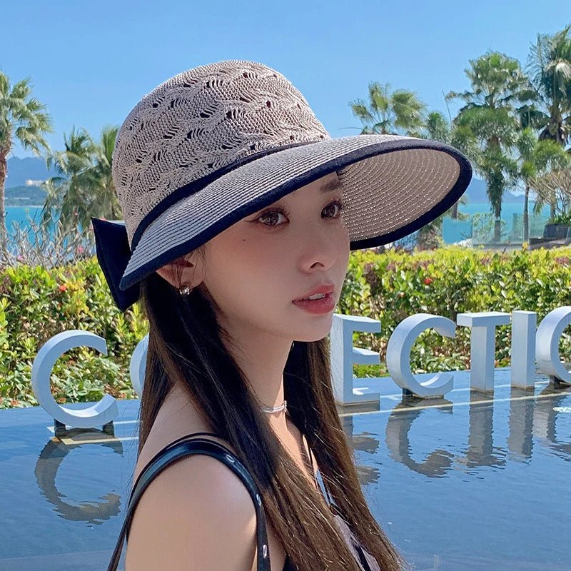 Summer Girls Sun Hats Wide Brim Bowknot Straw Hat with Ribbon Outdoor Sun Protection Women Hats Soild Color Ladies Panama Caps - PratSN