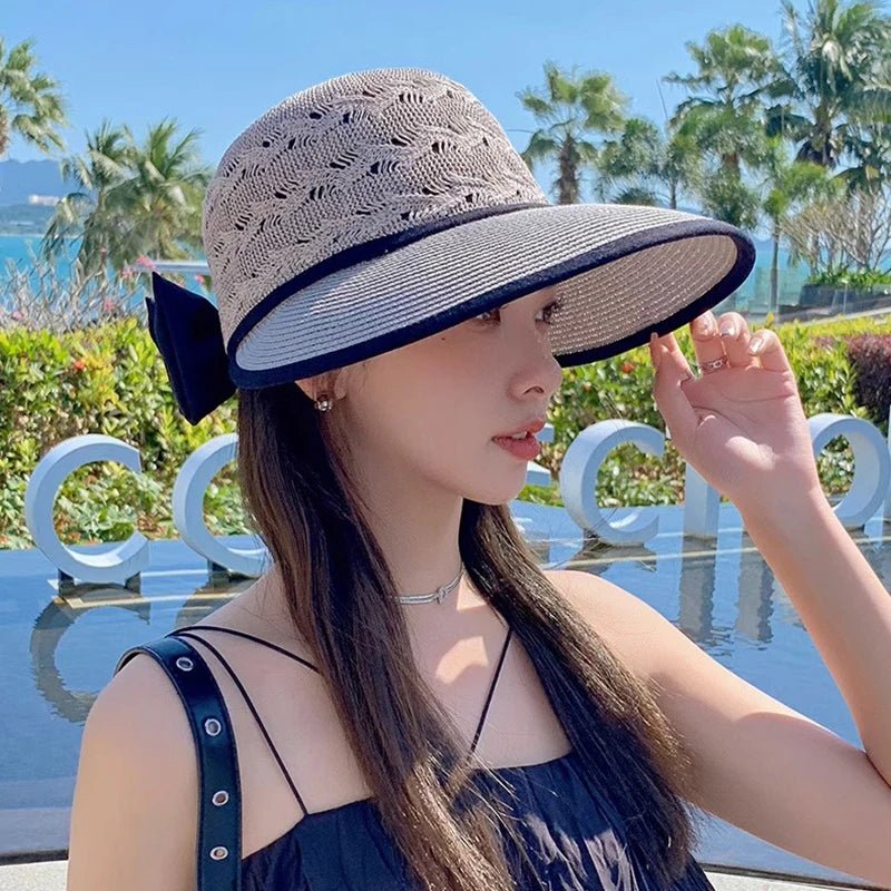 Summer Girls Sun Hats Wide Brim Bowknot Straw Hat with Ribbon Outdoor Sun Protection Women Hats Soild Color Ladies Panama Caps - PratSN