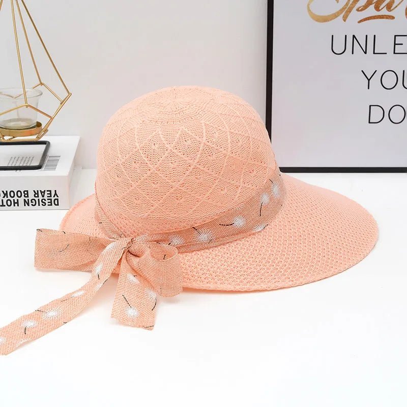 Summer Girls Sun Hats Wide Brim Bowknot Straw Hat with Ribbon Outdoor Sun Protection Women Hats Soild Color Ladies Panama Caps - PratSN