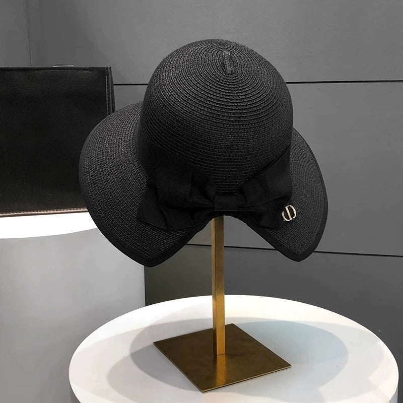 Summer Girls Sun Hats Wide Brim Bowknot Straw Hat with Ribbon Outdoor Sun Protection Women Hats Soild Color Ladies Panama Caps - PratSN