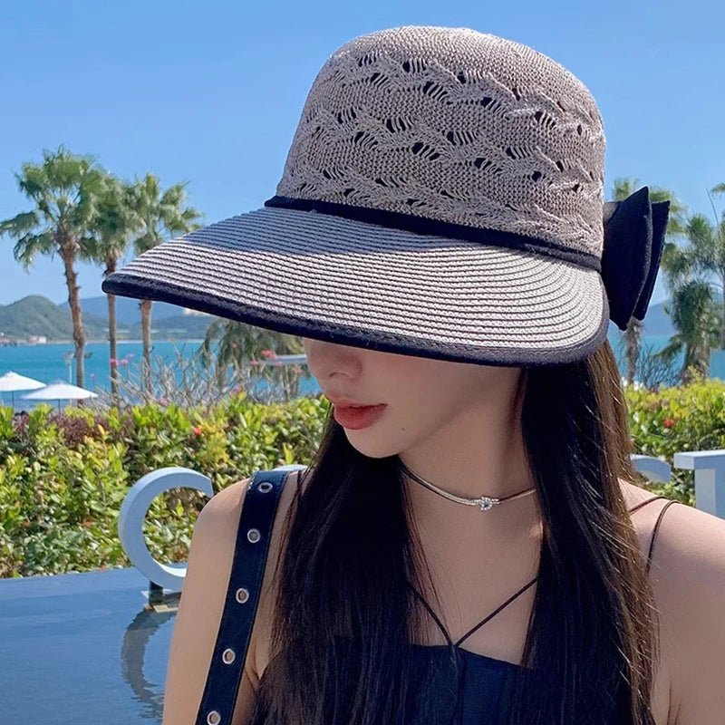 Summer Girls Sun Hats Wide Brim Bowknot Straw Hat with Ribbon Outdoor Sun Protection Women Hats Soild Color Ladies Panama Caps - PratSN