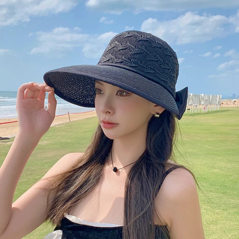 Summer Girls Sun Hats Wide Brim Bowknot Straw Hat with Ribbon Outdoor Sun Protection Women Hats Soild Color Ladies Panama Caps - PratSN