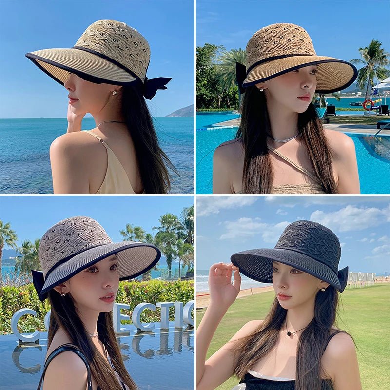 Summer Girls Sun Hats Wide Brim Bowknot Straw Hat with Ribbon Outdoor Sun Protection Women Hats Soild Color Ladies Panama Caps - PratSN