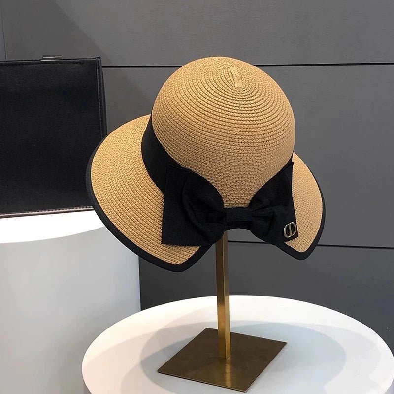 Summer Girls Sun Hats Wide Brim Bowknot Straw Hat with Ribbon Outdoor Sun Protection Women Hats Soild Color Ladies Panama Caps - PratSN