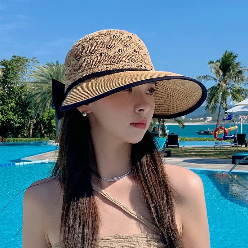 Summer Girls Sun Hats Wide Brim Bowknot Straw Hat with Ribbon Outdoor Sun Protection Women Hats Soild Color Ladies Panama Caps - PratSN