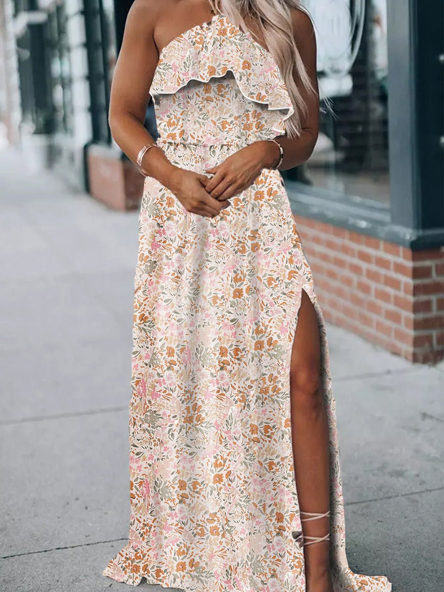 Summer Halter Dress Women Ruffled Floral Floral Print Slit Skirt - PratSN